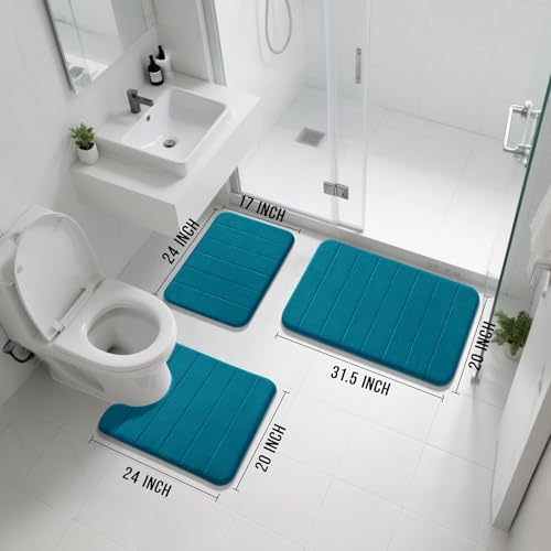 Yimobra Memory Foam Bath Mat Set 3 Pieces- Super Soft Absorbent Quick Dry Bathroom Rug Sets, Machine Washable Non Slip Floor Carpet for Tub Shower, Vanity & Toilet Base, Peacock Blue - color: Peacock Blue, size: 31.5''x20'' +17''x24'' + 24''x20''