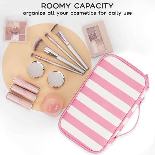 Relavel Travel Makeup Bag, Small Floral Cosmetic Bag with Makeup Brush Compartment, Portable Makeup Pouch for Women, Double Layer Makeup Organizer Bag Cute Toiletry Bag, Wide Strip - color: 01B-Wide Strip, size: MEDIUM