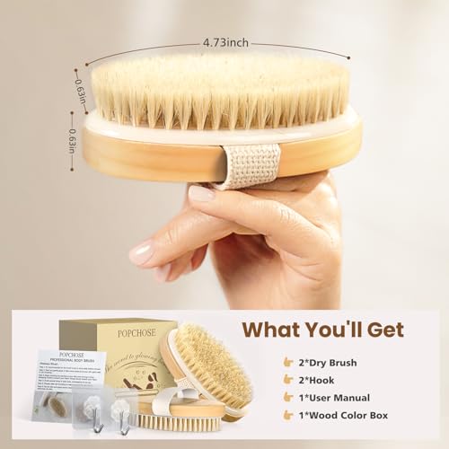 POPCHOSE Dry Brushing Body Brush, Natural Bristle Dry Skin Exfoliating Brush Body Scrub for Flawless Skin, Cellulite Treatment, Lymphatic Drainage and Blood Circulation Improvement - size: 2 Count (2*Boar Bristles)