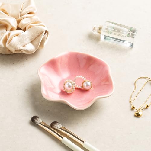 Ceramic Lotus Leaf Trinket Dish, Ring Holder for Jewelry | Keeps earrings, necklaces, keys, and keepsakes handy on vanities or nightstands, a sweet gift for moms, sisters, and friends - color: Pink