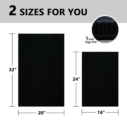 Bathroom Rugs Sets 2 Piece, Extra Soft Chenille Bath Mat Ultra Absorbent Bathroom Rug, Bathroom Mat with Sturdy PVC Non-Slip Bottom, Machine Washable Bath Rugs (20x32 Inch + 16x24 Inch, Black) - color: Black, size: 16" x 24" + 20" x 32" (Rectangular)
