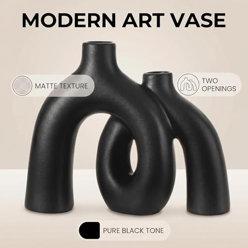 CEMABT Modern Nordic Boho Vase Set - Elegant Black Matte Ceramic Home Decor for Living Room, Bookshelf, Mantel, Entryway Table & Console Décor | Shelf Decorations Gift - color: Black-1