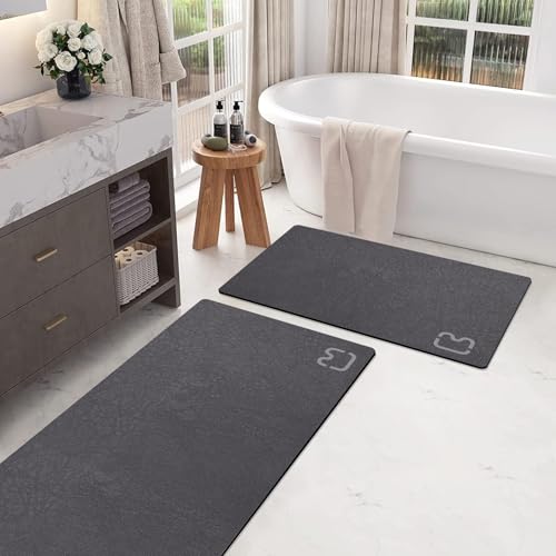 2 Piece Bathroom Rugs Mat Set - Quick Dry Diatomaceous Earth Bath Mat for Bathroom Non-Slip Bath Rug with Rubber Backing, Absorbent Bath Mats Thin Bath Floor Mat, 15.7x23.6+15.7x47.2 Inch, Dark Grey - color: Dark Grey, size: 1'4" x 3'11" (Runner)