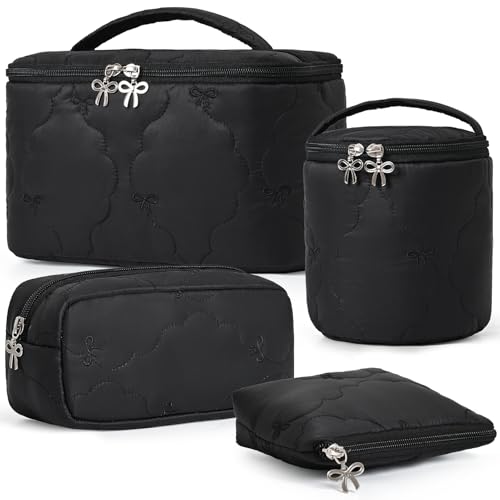 4Pcs Quilted Makeup Bag Set, Cute Bowknot Puffy Makeup Bag Toiletry Bag w/ Bow Zipper Travel Essentials Large Water-Resistant Travel Makeup Bag Versatile Cosmetic Organizer Pouch for Women Girls - color: Black