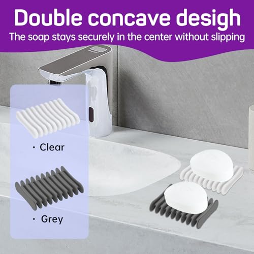 2 Pcs Self Draining Silicone Soap Holder - Waterfall Design Soap Dishes for Bathroom, Keeps Soap Bars Dry & Clean (Grey+Clear) - color: Grey+clear