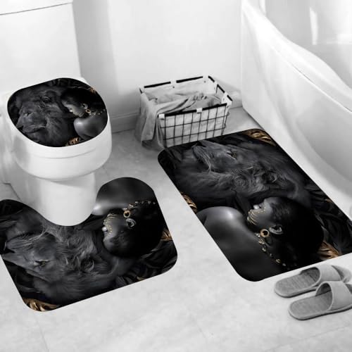 African Women and Lion Grey Shower Curtain Set with Non-Slip Rugs and Toilet Lid Cover Wildlife Safari Theme Fabric Shower Curtain Bathroom Decor with Hooks Waterproof Washable 72" x 72'' - color: Grey Black
