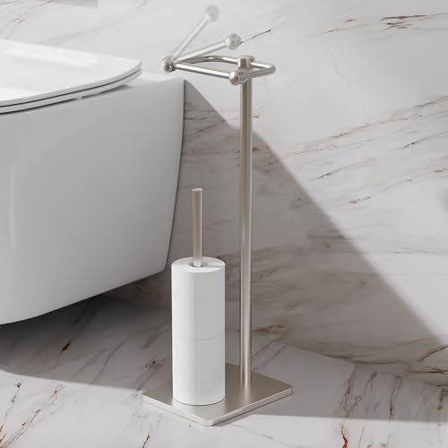 RUACQ Toilet Paper Holder Stand, Bathroom Toilet Paper roll Holder Free Standing with Storage for 4 Rolls, Post Pivoting Design, Stable Weighted Base, SUS304 Stainless Steel (Brushed Nickel) - color: Brushed Nickel, size: Free Standing with Storage