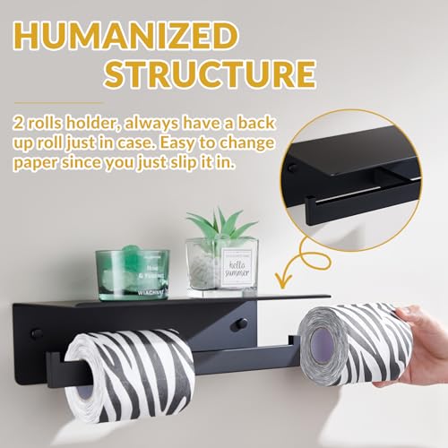 APLusee Matte Black Double Toilet Paper Holder with Shelf, 304 Stainless Steel Bathroom Tissue Roll Holder, Commercial Paper Dispenser Wall Mounted - color: Matte Black, size: Double Rod