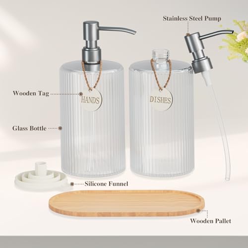 18Oz Soap Dispenser Set with Silver Stainless Steel Pump & Wood Tray - Vertical Stripe Design Refillable for Dish Soap & Hand Soap, Fits Kitchen & Bathroom Countertops