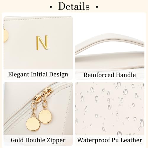 Birthday Gifts for Women Teen Girl, Personalized Initial Makeup Organizer Bag Set, Open Flat Travel Cosmetic Bag With Clear Divider and Handle(Beige,N) - color: Beige, style: N