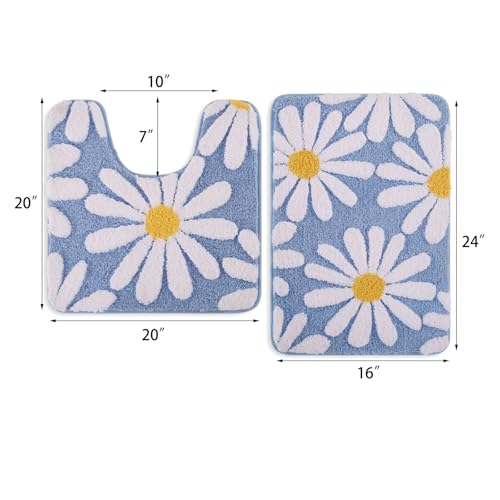 QJHOMO Bathroom Rugs Set 2 Piece, Cute Daisy Bath Mat Blue Toilet Rug U Shaped, Flower Deocr Bathroom Set Non Slip Contour Bathmat, Super Absorbent Microfber Floor Mats Machine Washable Carpets - color: Blue, size: 1'8" x 2' (Rectangular & U-Shape)