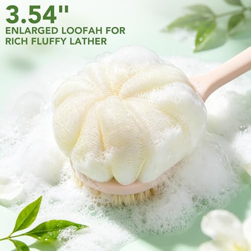 Back Scrubber for Shower, 15.7" Loofah with Handle, Back Shower Brush with Bristles and Loofah, Dry Brushing Body Brush for Cleanse Back and Hard to Reach Areas with Curved Long Handle, Pink - color: Pink