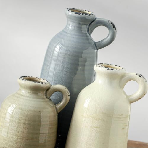 Ceramic Vases Set of 3, Neutral Rustic Farmhouse Vase with Handle, Decorative Flower Vases Home Decor Modern Boho Pampass Vase for Table Mantel Entryway Shelf Living Room Kitchen Bathroom - Ocean - color: 010 Vase Set - Ocean