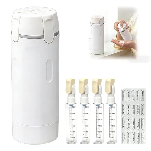 4 in 1 Travel Dispenser, 4 Pack 30ML Travel Bottles with Measurement Scale & Label Stickers for Toiletries, Leak Proof Dispenser Bottle Containers for Shampoo Lotion Conditioner Cream (White) - color: White