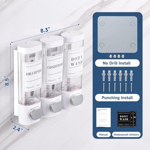 Shower Soap Dispenser Wall Mounted No Drill Shampoo Dispenser for Shower Wall Shampoo and Conditioner Dispenser Bathroom Hotel 3 * 300ml White with 3 Labels - color: White 3
