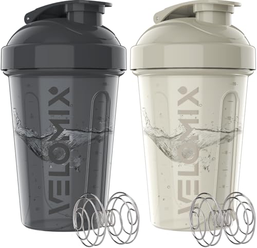 VELOMIX -2 Pack- 20 oz Protein Shaker Bottles for Protein Mixes - 2x Wire Whisk | Leak Proof Shaker Cups for Protein Shakes and Pre Workout | Protein Shaker Bottle Pack (B6) Gray/White - color: B6) Gray / White