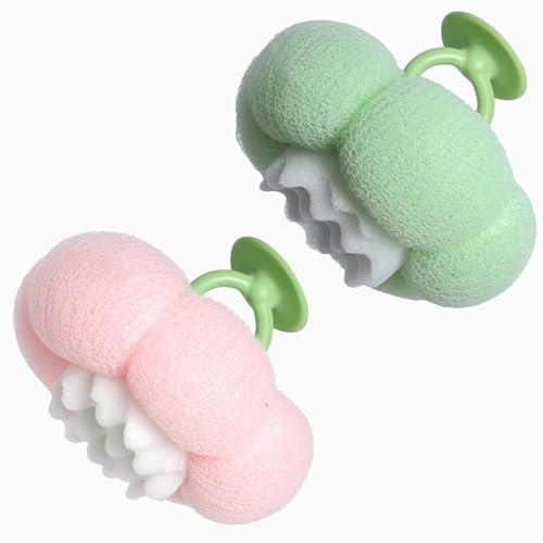 2026 Super Soft Flower-Shaped Suction Cup Bath Sponge, Upgraded 2-in-1 Flower-Shaped Ball Exfoliating Bath loofah Cleaning Brush, Mesh Shower Body Sponge Accessories for Women, Men Shower (2 Color) - style: Fruit Green+Cherry Blossom Pink