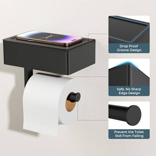 FORIOUS Toilet Paper Holder with Shelf, Sanitary Napkin Receptacle Tampon Holder, Wall Mount Toilet Paper Holder with Storage, Flushable Wipes Dispenser Fits for Bathroom Commercial(1, Matte Black) - color: Matte Black, size: 1 Pack-8" (L)