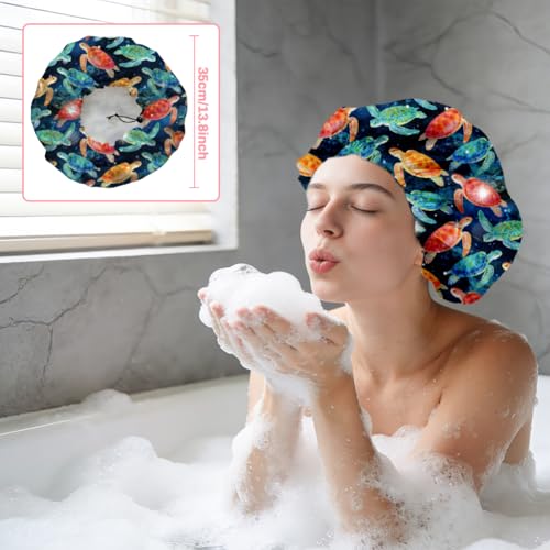 Sea Turtle Reusable Shower Cap Ocean Double Layer Waterproof Shower Caps Large Elastic Hair Cover Adjustable Hair - Drying Caps for Woman Man Bath SPA Travel One Size Fits Most - color: Sea Turtle