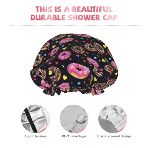 Doughnut Donuts Shower Cap For Women Reusable Waterproof Double Layers Bath Cap Hair Protection Elastic Ladies Spa Salon Shower Hat - color: Doughnut Donuts