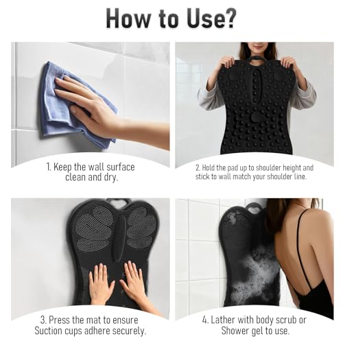 Back Scrubber Shower Bathtub Tub Body Bath Cushion Back Lumbar Support - Silicone Ergonomic Extra Large Thick Soft Seat Paded Non-Slip Suction Cups Relaxing Spa Exfloating Scrubber Mat Black - color: Black