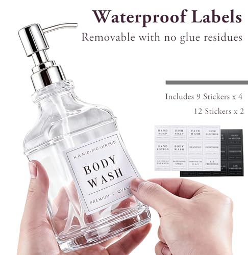 Glass Soap Dispenser with Pump,Tray,Funnel, Countertop Soap and Lotion Dispenser Set of 2 with 60 Stickers, Dish and Hand Soap Dispenser Bottle for Kitchen,Bathroom,Shower, 500ml/16.9oz - color: Blk-5070-2s