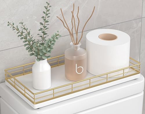 Toilet Paper Basket Organizer, Oak Wood Toilet Tank Tray with Metal Frame | Bathroom Counter Top Storage for Toilet Paper, Wipes & Decor, Modern Narrow Back of Tank Shelf Organizer, Gold & White - color: Gold & White, size: 13" x 6.5" x 2"