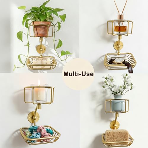 Bar Soap Holder Wall Mounted, Soap Container with Candle/Vase Holder, Farmhouse Elegant Gold Bathroom Wall Decor, Soap Dish for Shower Bathtub - color: Gold