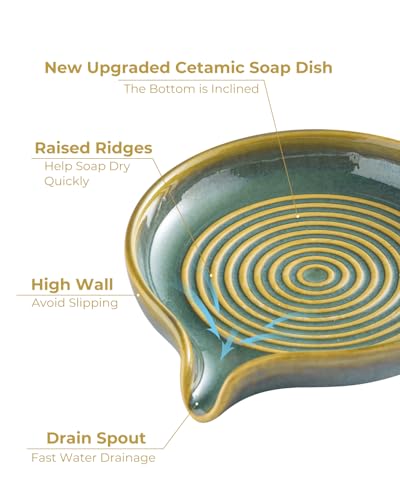 Ceramic Soap Dish, Self Draining Soap Holder Bar Soap Dish for Bathroom Kitchen Counter Soap Saver Tray Keep Soap Bar Dry Easy to Clean, Blue and Green - color: Blue and Green, size: Round