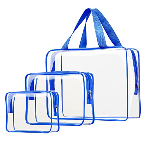 3pcs Clear Toiletry Bag, TSA Approved Toiletry Bags Clear Cosmetic Bag for Women Men, Crystal Clear Makeup Bag Organizer, Clear Travel Bags Zipper Carry on Airport Airline Compliant Bag Luggage Pouch - color: 3pcs Blue-1 large, 1 medium, 1 small
