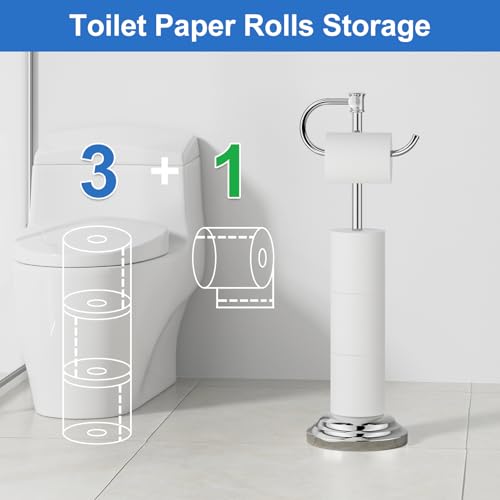 RUMOSE Toilet Paper Holder Stand for Floor, Polished Chrome Bathroom Free Standing Toilet Tissue Roll Holder with Storage, Adjustable 17-25 Inch, SUS304 Stainless Steel - color: Polished Chrome