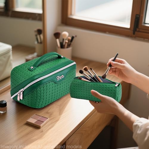 BOYATU Travel Makeup Bag Cosmetic Bags for Women: Large Capacity 3 Pcs Set Make up Bag with Compartments - Waterproof Vegan Leather Toiletry Organizer Bags with Handle (L38 Green) - color: L38 Green