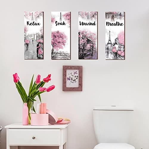 Gerrii 4 Pcs Pink and Grey Bathroom Decor Paris Decor Relax Soak Unwind Breathe Wall Art Farmhouse Bathroom Wedding Newlywed Home Spa Laundry Accessories Wood Hanging Sign(11.81 x 3.15 Inch,Rectangle) - size: 11.81 x 3.15 Inch, style: Rectangle