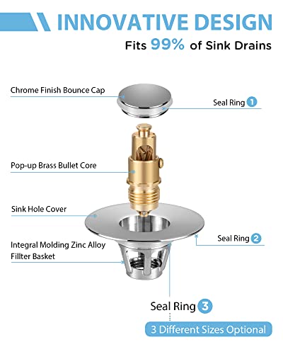 Bathroom Sink Drain Strainer, 2 in 1 Anti-Clogging Sink Stopper with Hair Catcher, Universal Pop-Up Sink Drain Plug Fits 1.1" ~ 1.5" Drain, Solid Brass (Chrome) - color: Chrome, size: 1 Pack