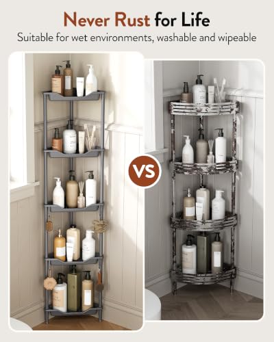 Orimade Rustproof 5 Tier Floor Standing Corner Shower Caddy Organizer, Plastic Aluminum Splicing Floor Corner Shelf Rack Stands for Bathroom, Grey - color: Grey, size: 5 Tier
