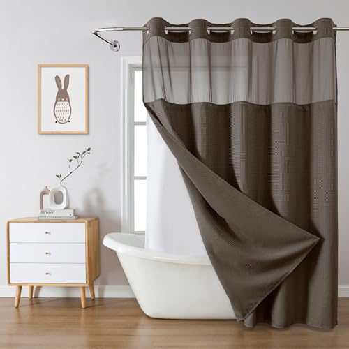 eachope Brown Extra Long No Hook Waffle Weave Shower Curtain with snap-in Liner Replacement, 230GSM Waterproof Fabric Hotel Shower Curtain Set for Bathroom, Through Mesh Top Window,71Wx86H - color: Brown, size: 71"W x 86"L (Pack of 1)