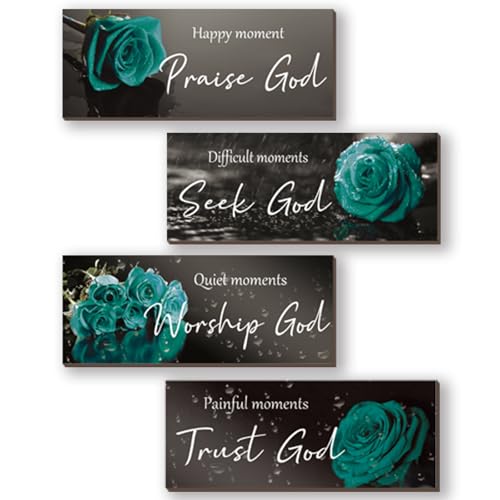 ONIZHITY 4 Pcs Teal Bathroom Decor Religious Wall Art Turquoise Bathroom Bible Verse Inspirational Teal Rose Wall Decor Wooden Christian Sign for Home Office Bedroom Living Room Kitchen(10x4) - color: Teal Rose