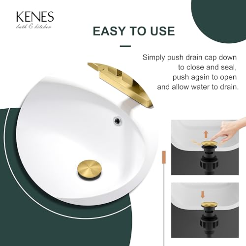KENES Brushed Gold Pop Up Bathroom Sink Drain with Overflow, Bathroom Sink Drain Assembly with Strainer Pop Up Drain, Lavatory Bathroom Vanity Sink Pop Up Drain Stopper - color: Brushed Gold, size: Big Pop up Cap (With Overflow)