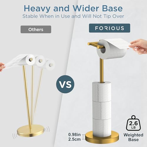 FORIOUS Toilet Paper Holder Stand Adjustable, Freestanding Tissue Roll Holder for Bathroom, Pivoting Design, Durable SUS 304 Stainless Steel Weighted Base Toilet Paper Stand, Storage (Brushed Gold) - color: Brushed Gold