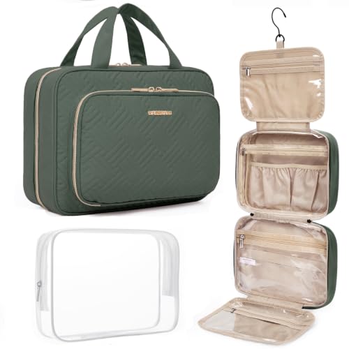 BAGSMART Toiletry Bag Hanging Travel Makeup Organizer with TSA Approved Transparent Cosmetic Bag Makeup Bag for Full Sized Toiletries(Dusty Green) - color: Dusty Green, size: Medium