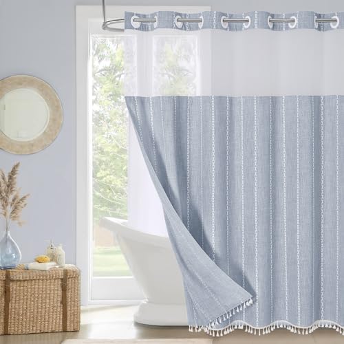 MitoVilla No Hooks Needed Farmhouse Shower Curtain with Snap-in Liner - with Window & Magnets, Boho Cotton Linen Fabric Shower Curtains with Tassels for Rustic Bathroom Decor, Blue, 72 x 74 - color: Blue - Win