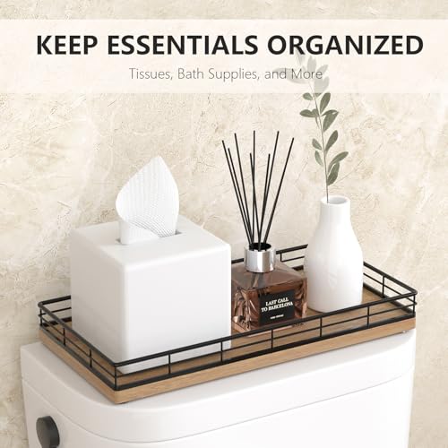 Toilet Paper Basket Organizer, Acacia Wood Toilet Tank Tray, Metal Frame | Bathroom Counter Top Storage for Toilet Paper, Wipes & Decor, Modern Narrow Back of Tank Shelf Organizer, Black & Acacia - color: Black & Acacia, size: 13" x 6.5" x 2"