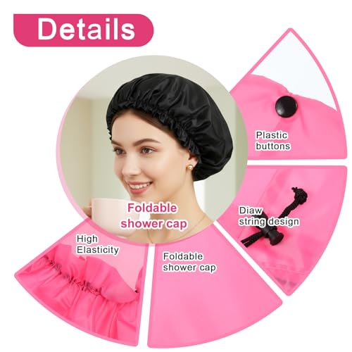 2pcs Large Adjustable Braids Shower Cap for Long Hair Waterproof Shower Caps for Women Men Reusable Extra Long Hair Bonnets for Dreadlocks Foldable Plastic Oversize Bath Hats (Pink, Black)