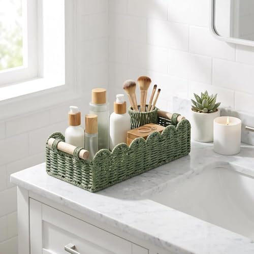 CubesLand Bathroom Basket Organizer, Toilet Tank Paper Storage Baskets 2-Pack, Scalloped Decorative Basket for Countertop w/Handle, Wicker Basket for Bathroom Decor, Home Decor, Living Room, Green - color: Green