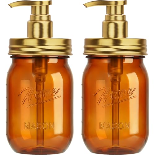 Amolliar Plastic Mason Jar Soap Dispenser with Pump Lid,16OZ Refillable Hand Soap Dispenser Set with Cute Lables - Farmhouse Decor for Kitchen Bathroom, Liquid Soap, Dish Soap, Lotion (2 Pack, Amber) - color: Amber Jar With Gold Pump