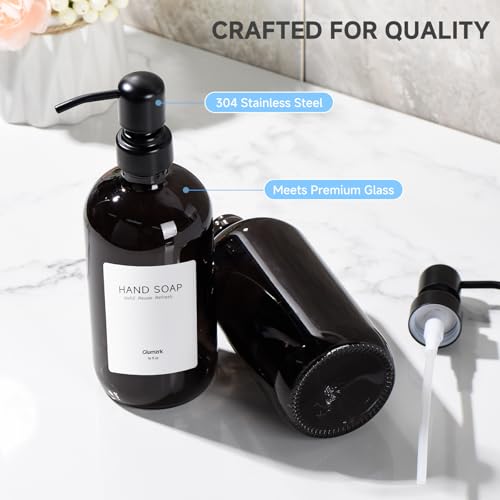 2 Pack Kitchen Soap Dispenser Set - 16oz Black Glass Dish and Hand Soap Dispenser with Stainless Steel Pump, Instant Dry Tray, Dish Brush & Holder, Refillable Countertop Sink Decor for Kitchen & Bath - color: Black
