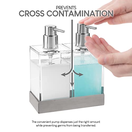 Modern Innovations Acrylic Twin Liquid Soap and Lotion Dispenser Set with Caddy - Double Soap Dispenser for Kitchen - Clear Soap Dispenser for Bathroom, Shampoo, Conditioner, Body Wash