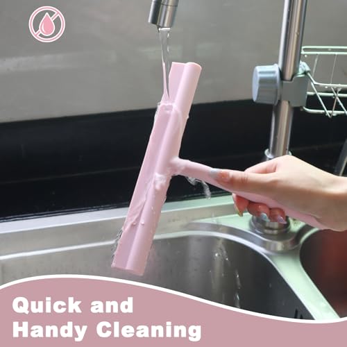 Squeegee for Shower Glass Doors, Resilient Loop - No-Drill & Adhesive Hook, Silicone Shower Squeegee with Stainless Steel Core, Cleaning Tool for Home, Kitchen, Bathroom & Car - Pink - color: Pink, size: with loop