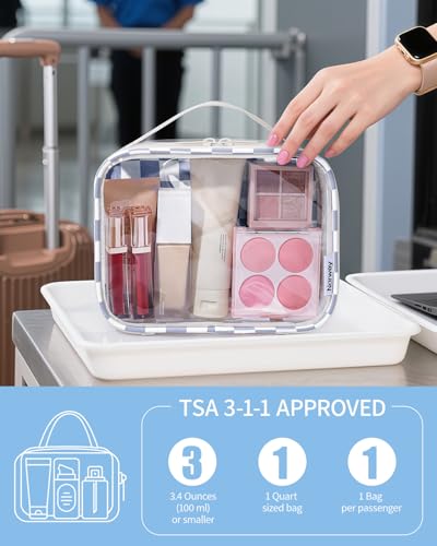 Narwey TSA Approved Clear Toiletry Bag for Travel, Waterproof PVC Clear Makeup Bags Portable Compact Cosmetic Bag Make Up Organizer Airport Airline Quart Size Compliant Bag (Grayish Blue Checkerboard) - color: Grayish Blue Checkerboard
