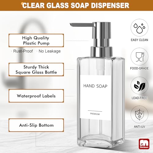 GMISUN Kitchen Soap Dispenser, 12 Fl oz/350ml Clear Dish Soap Dispenser with Silver Sponge Holder, Customized Glass Dish Soap Dispensers for Kitchen, Modern Hand and Dish Soap Dispensers Set Removable - color: Clear Bottle + Silver Rack